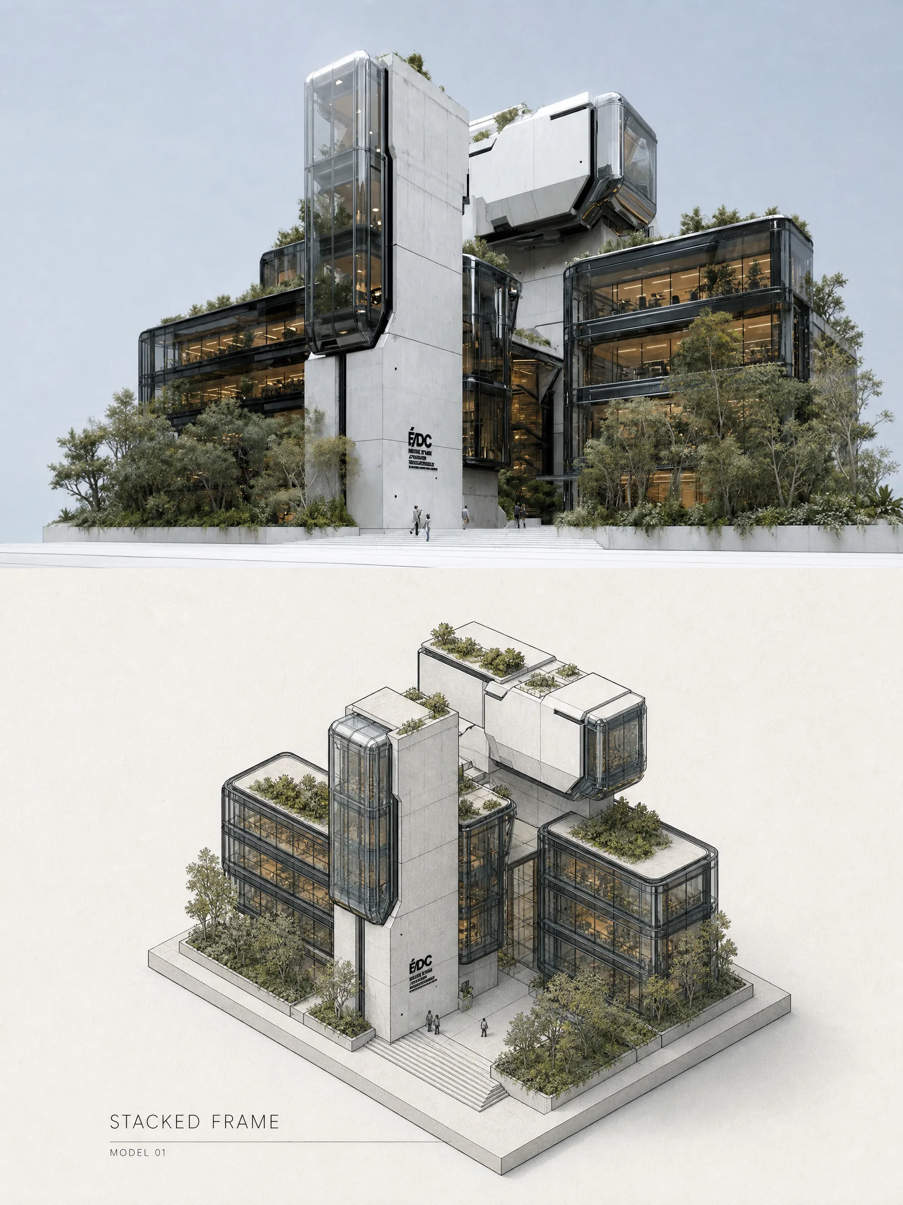 现代建筑照片与等距微缩模型组成的双区风格海报